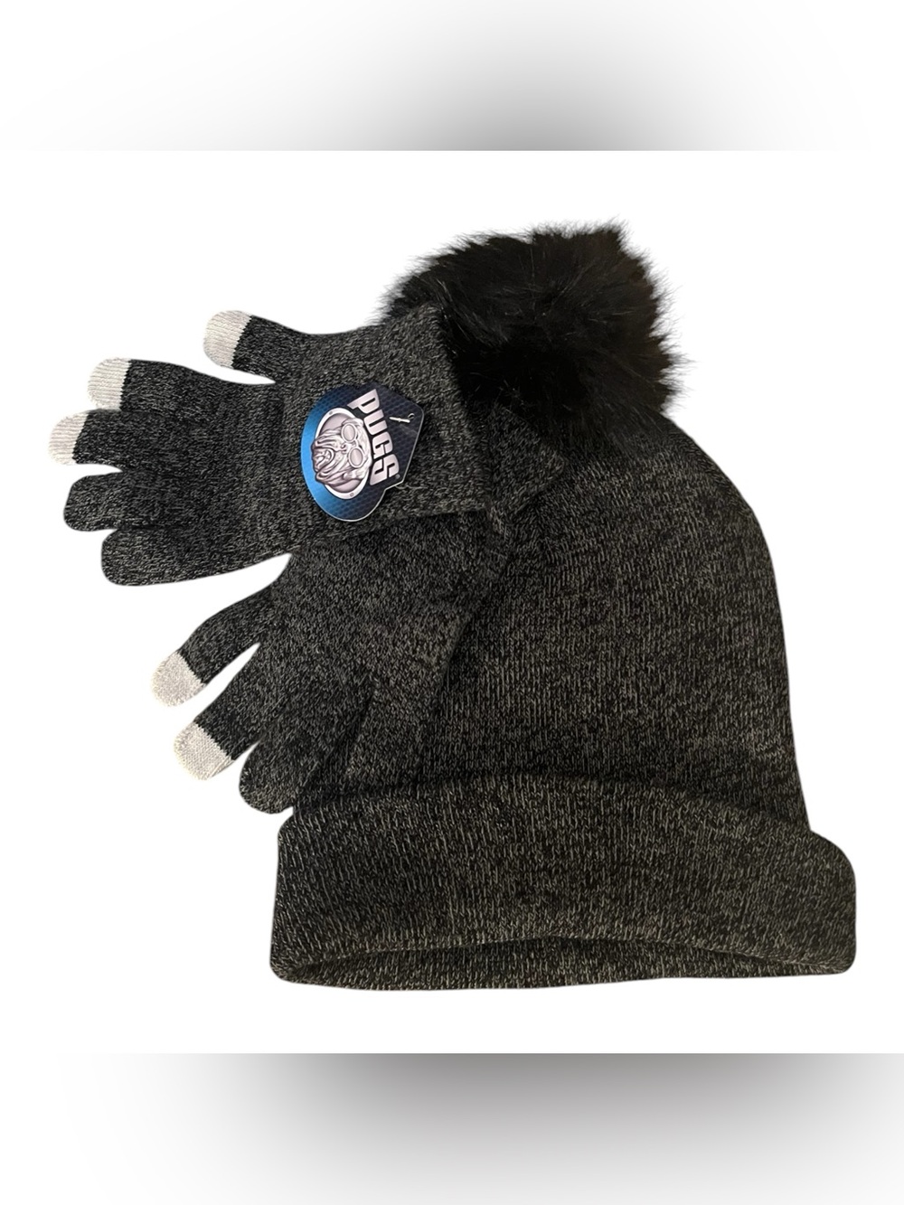 Kids Black Knit Pom Beanie with Matching Touchscreen Gloves